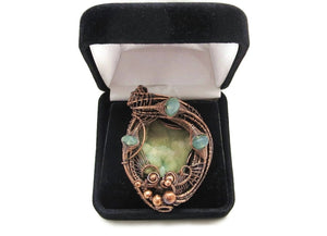 Rustic Hemimorphite Druzy Pendant: Wire-Wrapped with Green Chalcedony - Handcrafted Boho Statement Jewelry