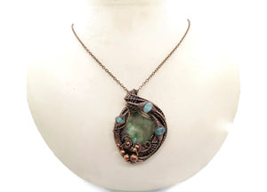 Rustic Hemimorphite Druzy Pendant: Wire-Wrapped with Green Chalcedony - Handcrafted Boho Statement Jewelry