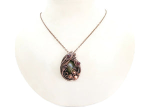 Dragon Bloodstone Pendant: Bronze Wire-Wrapped Necklace with Garnet Accent - Unique Handmade Jewelry