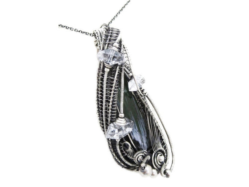 Vivianite Crystal Pendant: Sterling Silver Wire-Wrapped with Herkimer Diamonds, Gothic Gemstone Jewelry