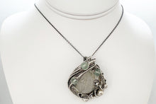 Load image into Gallery viewer, UV-Fluorescent, Mexican Hyalite Opal Wire-Wrapped Pendant in Sterling Silver with Fluorite