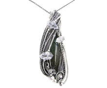 Load image into Gallery viewer, Vivianite Crystal Pendant: Sterling Silver Wire-Wrapped with Herkimer Diamonds, Gothic Gemstone Jewelry