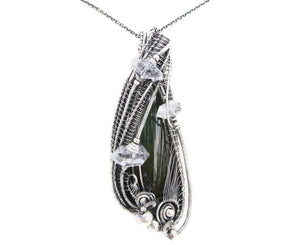 Vivianite Crystal Pendant: Sterling Silver Wire-Wrapped with Herkimer Diamonds, Gothic Gemstone Jewelry