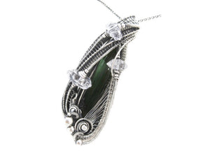 Vivianite Crystal Pendant: Sterling Silver Wire-Wrapped with Herkimer Diamonds, Gothic Gemstone Jewelry