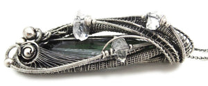 Vivianite Crystal Pendant: Sterling Silver Wire-Wrapped with Herkimer Diamonds, Gothic Gemstone Jewelry