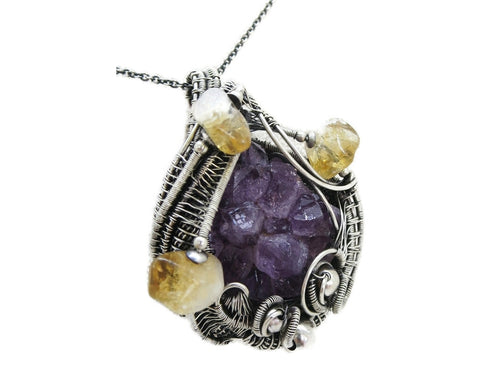 Amethyst Druzy Pendant with Citrine, Wire-Wrapped in Sterling Silver