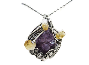 Amethyst Druzy Pendant with Citrine, Wire-Wrapped in Sterling Silver