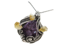Load image into Gallery viewer, Amethyst Druzy Pendant with Citrine, Wire-Wrapped in Sterling Silver