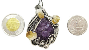 Amethyst Druzy Pendant with Citrine, Wire-Wrapped in Sterling Silver
