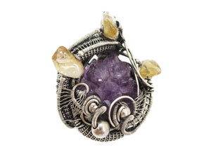 Amethyst Druzy Pendant with Citrine, Wire-Wrapped in Sterling Silver