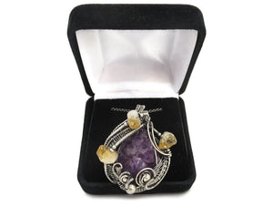 Amethyst Druzy Pendant with Citrine, Wire-Wrapped in Sterling Silver