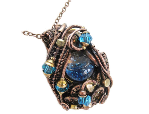 Liquid Steampunk Blue Glitter Sensory Pendant: Bronze Wire-Wrapped Necklace with Swarovski Crystals for Cosplay