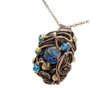 Load image into Gallery viewer, Liquid Steampunk Blue Glitter Sensory Pendant: Bronze Wire-Wrapped Necklace with Swarovski Crystals for Cosplay