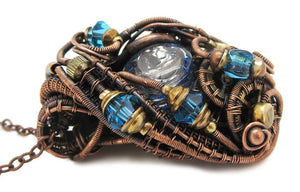 Liquid Steampunk Blue Glitter Sensory Pendant: Bronze Wire-Wrapped Necklace with Swarovski Crystals for Cosplay
