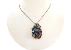 Liquid Steampunk Blue Glitter Sensory Pendant: Bronze Wire-Wrapped Necklace with Swarovski Crystals for Cosplay