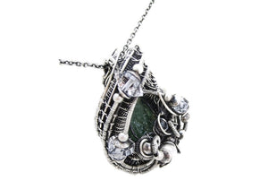 Raw Colombian Emerald Pendant: Sterling Silver Wire Wrap with Herkimer Diamonds - May Birthstone Jewelry