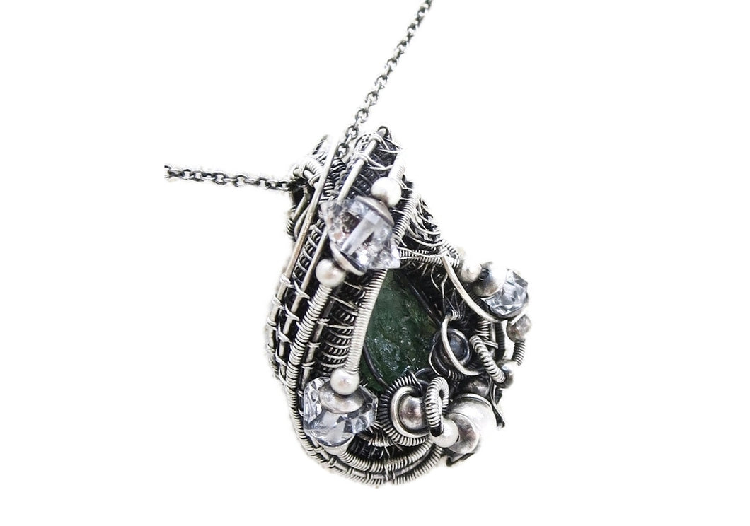 Raw Colombian Emerald Pendant: Sterling Silver Wire Wrap with Herkimer Diamonds - May Birthstone Jewelry