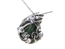 Load image into Gallery viewer, Raw Colombian Emerald Pendant: Sterling Silver Wire Wrap with Herkimer Diamonds - May Birthstone Jewelry