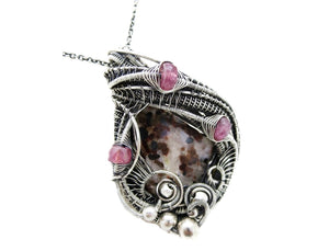 UV-Fluorescent Franklinite and Willemite Pendant: Sterling Silver Wire-Wrap with Pink Sapphire