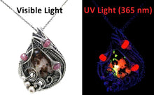 Load image into Gallery viewer, UV-Fluorescent Franklinite and Willemite Pendant: Sterling Silver Wire-Wrap with Pink Sapphire