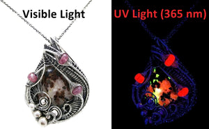 UV-Fluorescent Franklinite and Willemite Pendant: Sterling Silver Wire-Wrap with Pink Sapphire