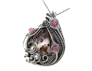 UV-Fluorescent Franklinite and Willemite Pendant: Sterling Silver Wire-Wrap with Pink Sapphire