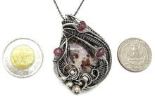 Load image into Gallery viewer, UV-Fluorescent Franklinite and Willemite Pendant: Sterling Silver Wire-Wrap with Pink Sapphire