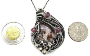 UV-Fluorescent Franklinite and Willemite Pendant: Sterling Silver Wire-Wrap with Pink Sapphire