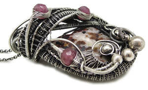 UV-Fluorescent Franklinite and Willemite Pendant: Sterling Silver Wire-Wrap with Pink Sapphire