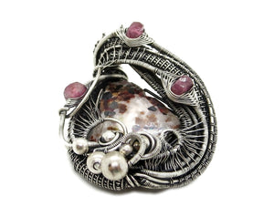 UV-Fluorescent Franklinite and Willemite Pendant: Sterling Silver Wire-Wrap with Pink Sapphire