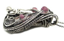 Load image into Gallery viewer, UV-Fluorescent Franklinite and Willemite Pendant: Sterling Silver Wire-Wrap with Pink Sapphire
