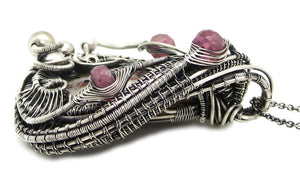 UV-Fluorescent Franklinite and Willemite Pendant: Sterling Silver Wire-Wrap with Pink Sapphire