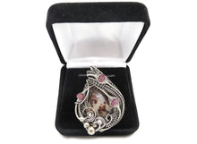 Load image into Gallery viewer, UV-Fluorescent Franklinite and Willemite Pendant: Sterling Silver Wire-Wrap with Pink Sapphire