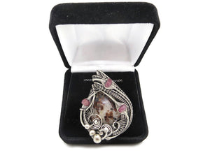 UV-Fluorescent Franklinite and Willemite Pendant: Sterling Silver Wire-Wrap with Pink Sapphire