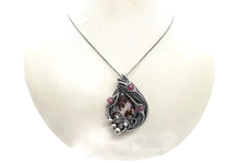 Load image into Gallery viewer, UV-Fluorescent Franklinite and Willemite Pendant: Sterling Silver Wire-Wrap with Pink Sapphire
