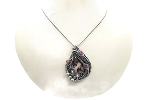 UV-Fluorescent Franklinite and Willemite Pendant: Sterling Silver Wire-Wrap with Pink Sapphire