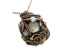 Load image into Gallery viewer, Liquid Steampunk Glow-In-The-Dark Pendant: Bronze Wire-Wrapped Necklace with UV-Fluorescent Glass