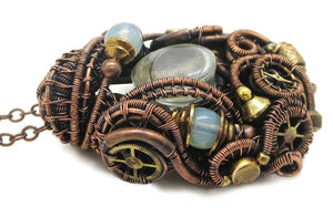 Liquid Steampunk Glow-In-The-Dark Pendant: Bronze Wire-Wrapped Necklace with UV-Fluorescent Glass