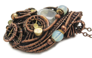 Liquid Steampunk Glow-In-The-Dark Pendant: Bronze Wire-Wrapped Necklace with UV-Fluorescent Glass