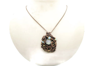 Liquid Steampunk Glow-In-The-Dark Pendant: Bronze Wire-Wrapped Necklace with UV-Fluorescent Glass