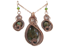 Load image into Gallery viewer, African Green Opal Wire-Wrapped Jewelry Set: Bronze Necklace &amp; Earrings with Swarovski Crystal Swish Design