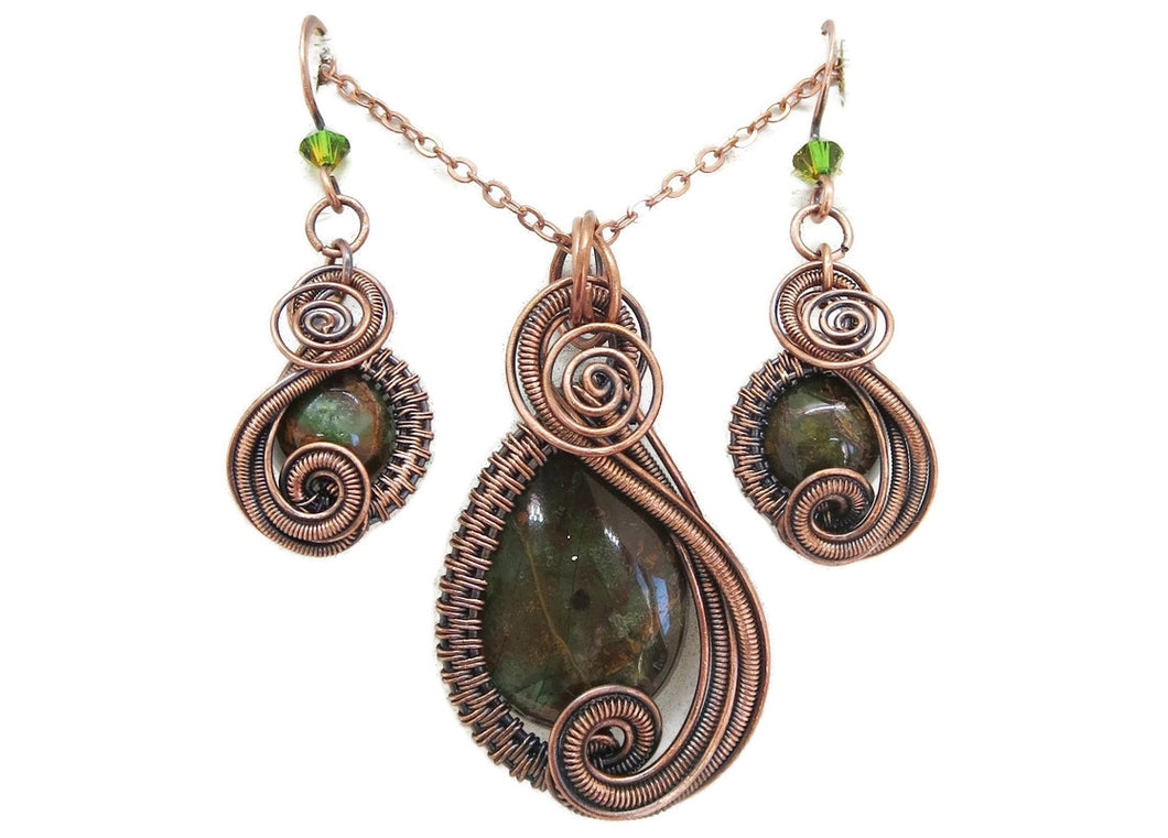 African Green Opal Wire-Wrapped Jewelry Set: Bronze Necklace & Earrings with Swarovski Crystal Swish Design