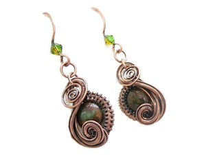African Green Opal Wire-Wrapped Jewelry Set: Bronze Necklace & Earrings with Swarovski Crystal Swish Design