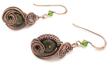 Load image into Gallery viewer, African Green Opal Wire-Wrapped Jewelry Set: Bronze Necklace &amp; Earrings with Swarovski Crystal Swish Design