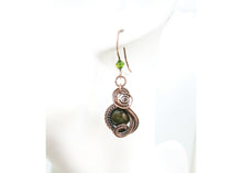 Load image into Gallery viewer, African Green Opal Wire-Wrapped Jewelry Set: Bronze Necklace &amp; Earrings with Swarovski Crystal Swish Design