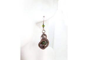 African Green Opal Wire-Wrapped Jewelry Set: Bronze Necklace & Earrings with Swarovski Crystal Swish Design