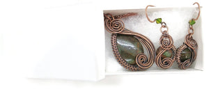 African Green Opal Wire-Wrapped Jewelry Set: Bronze Necklace & Earrings with Swarovski Crystal Swish Design