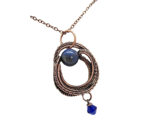 Contemporary Lapis Lazuli Pendant: Bronze Wire-Wrapped Gemstone Necklace for Bohemian Jewelry Lovers
