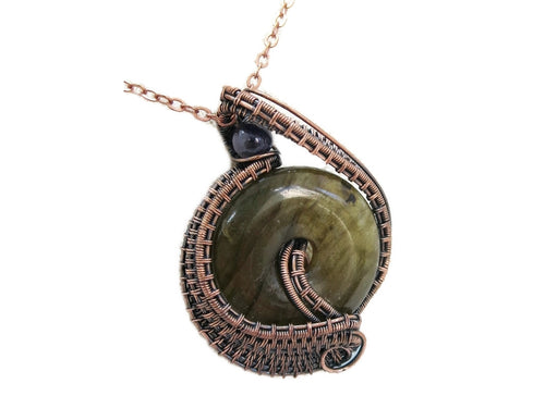Handcrafted Labradorite Woven Donut Pendant with Iolite Accent - Bronze Necklace