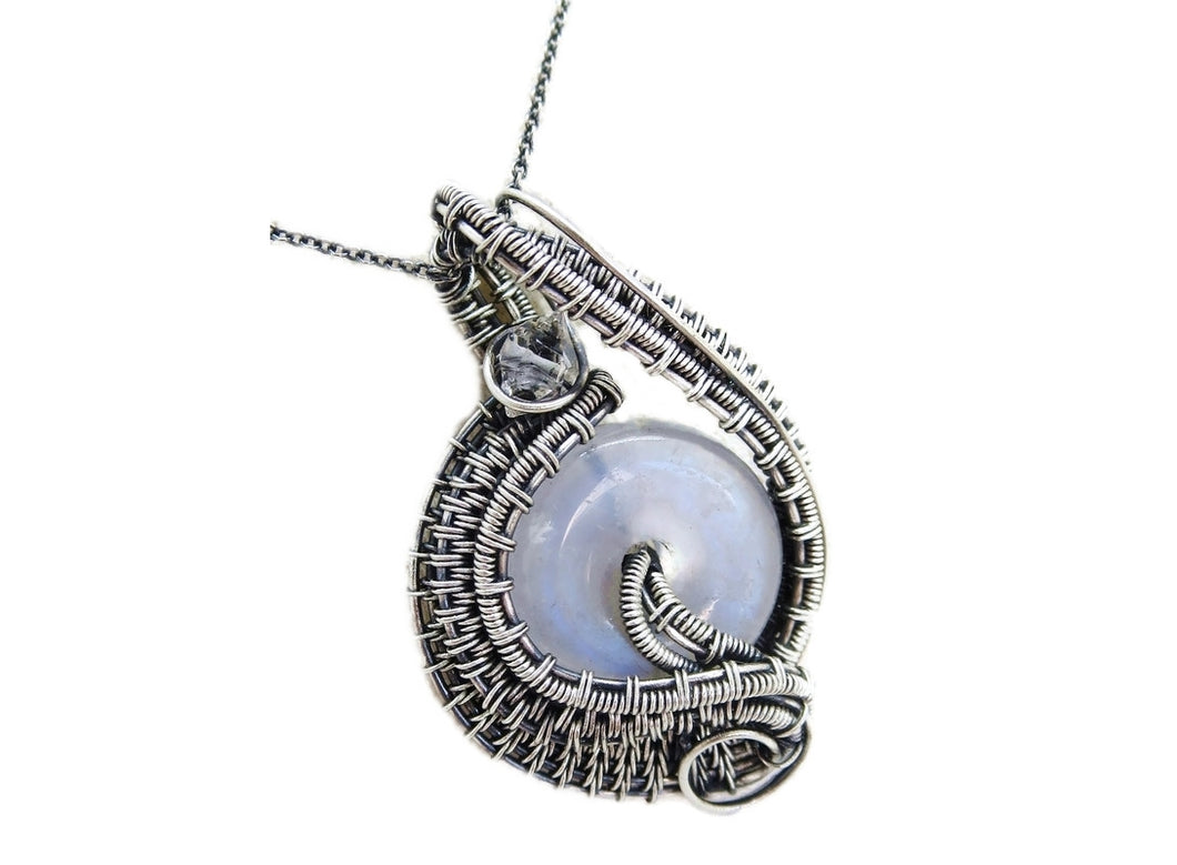 Rainbow Moonstone Donut Pendant: Wire-Wrapped Sterling Silver Necklace with Herkimer Diamond Accent - Bridal Fantasy Jewelry